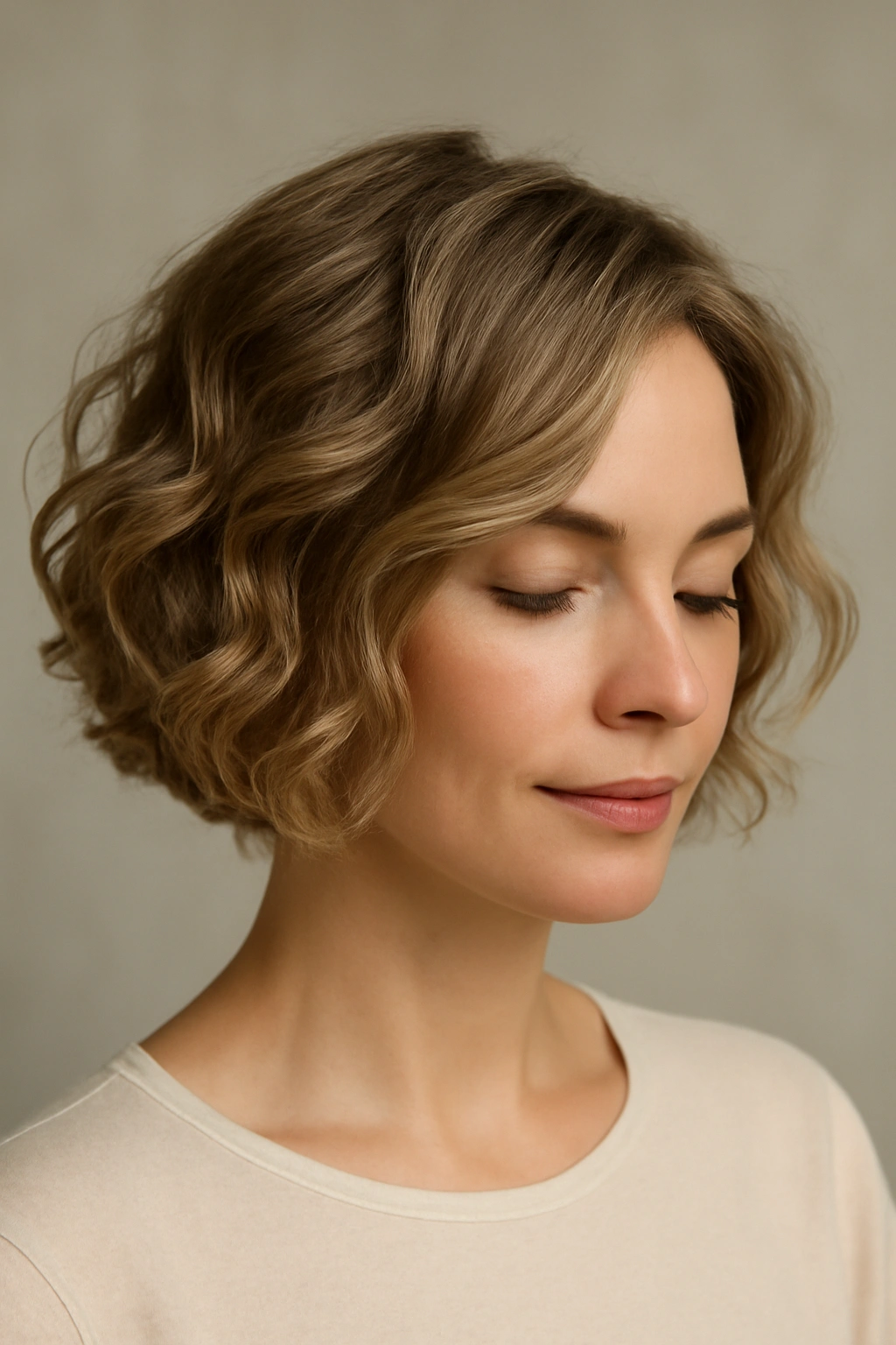 Close-up of a short chin-length hairstyle with soft waves and light-catching texture