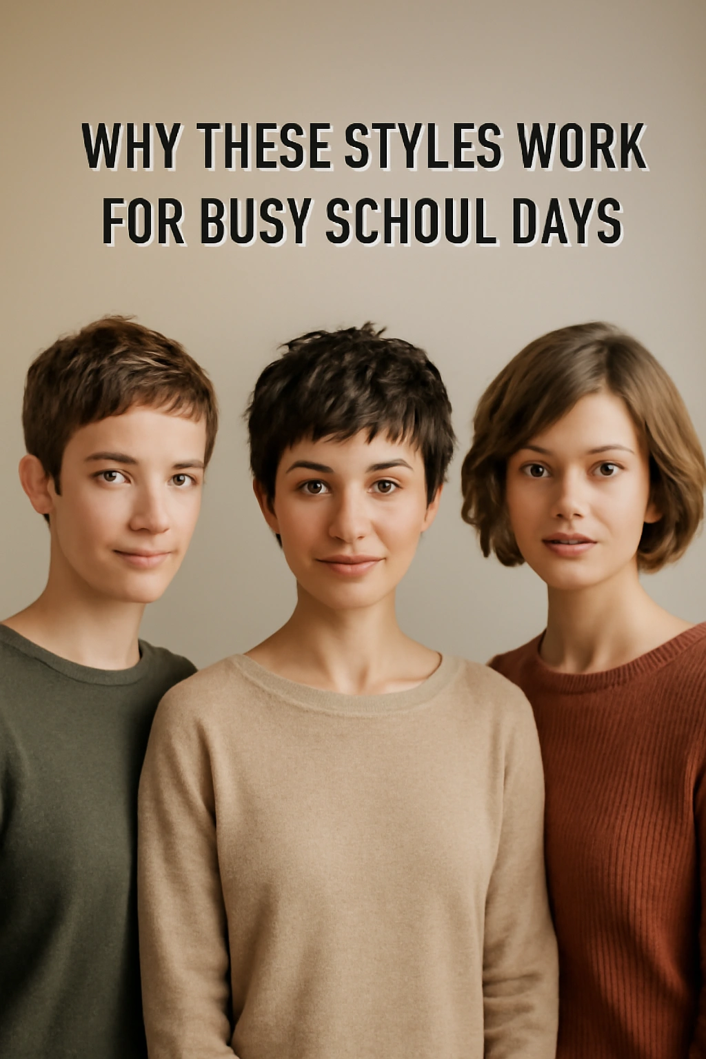 Diverse short hairstyles lineup in a studio portrait focusing on pixie, textured crop, and layered bob