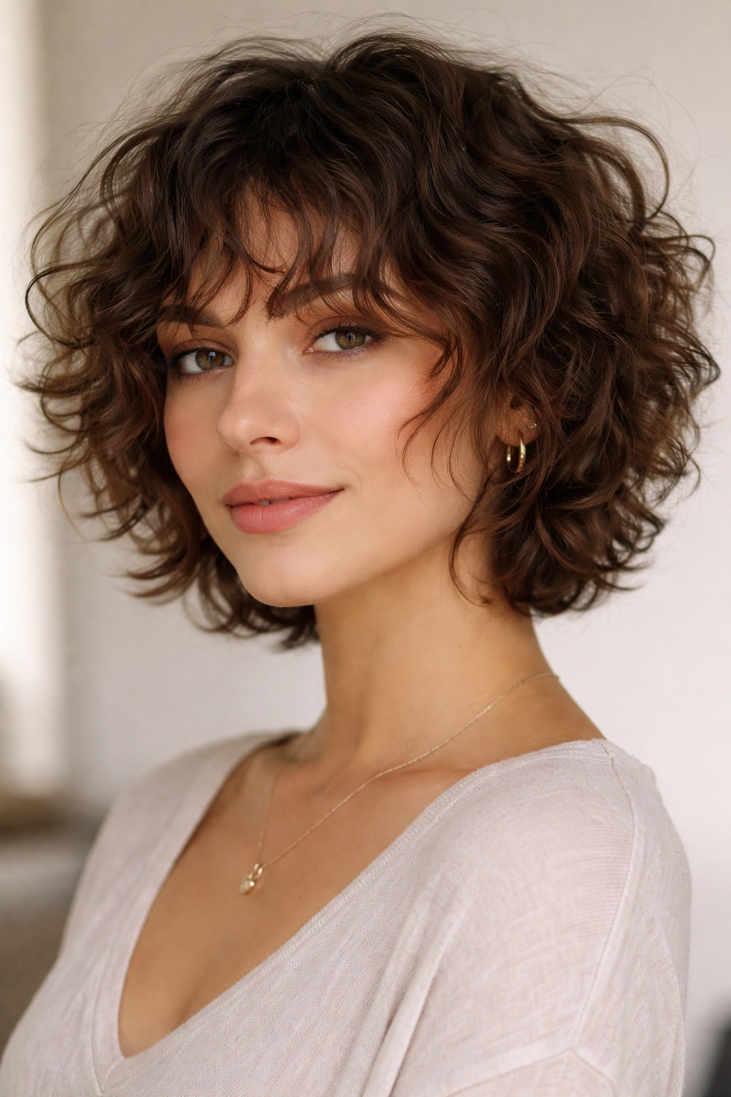 Short layered curls with wispy curly bangs