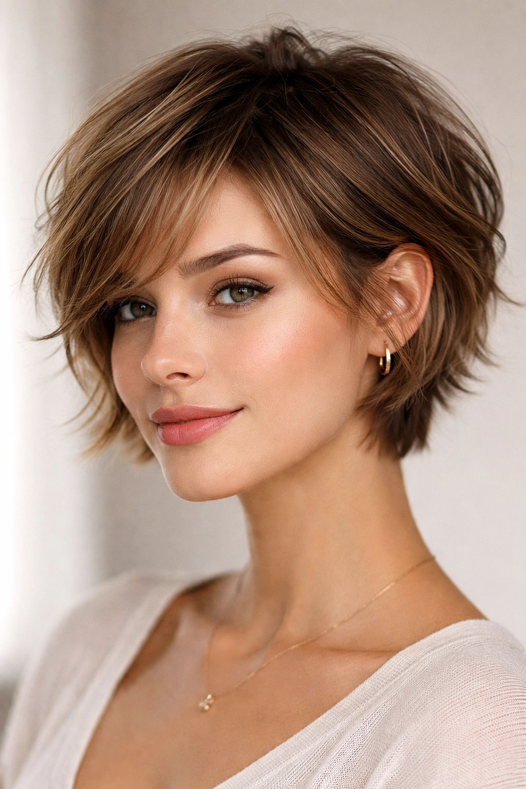 Portrait of a person with a short layered cut around ear length showing movement.