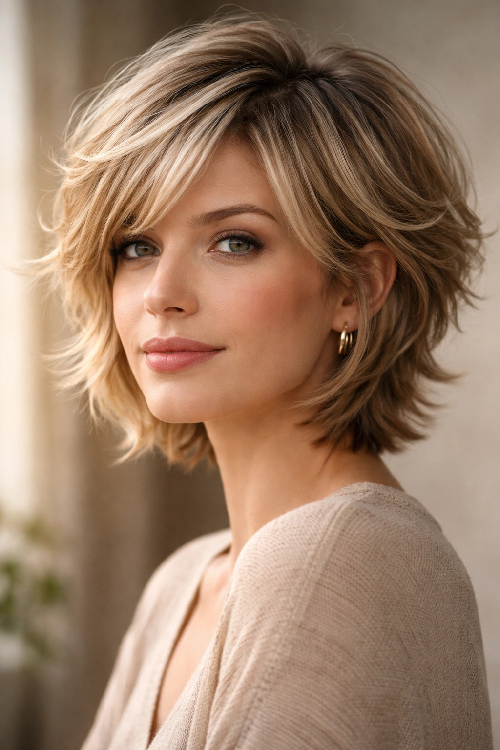 Close-up portrait of a person with a short layered haircut showing volume and texture