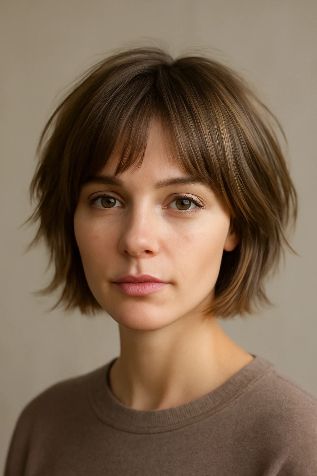 Close-up portrait of a person with a short layered haircut with bangs showing texture and silhouette