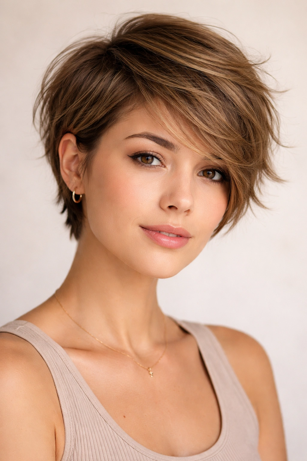 Close-up of a short layered hairstyle with side-swept layers emphasizing movement and frizz control