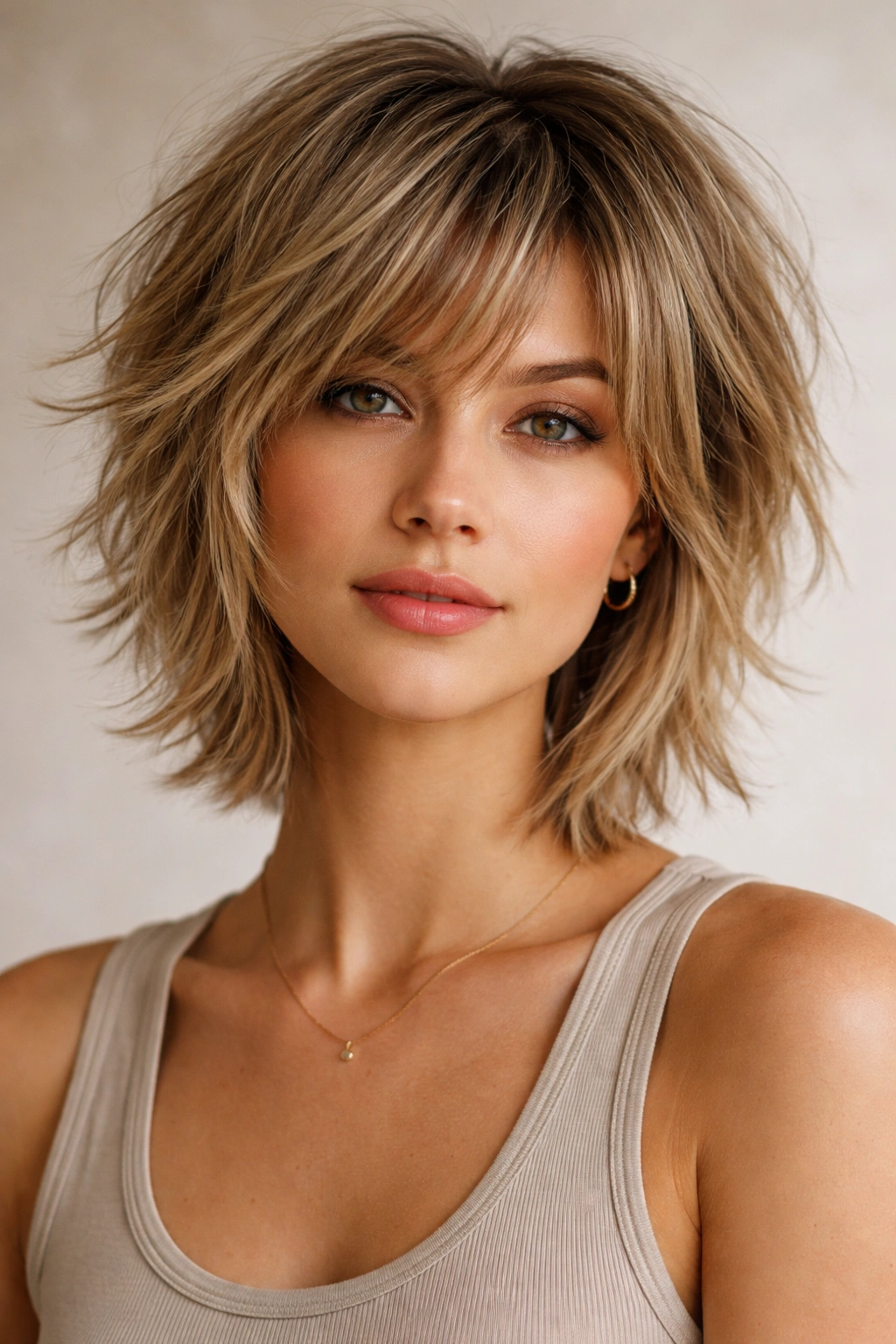 Portrait of a person with a short layered shag showing defined layers and texture.