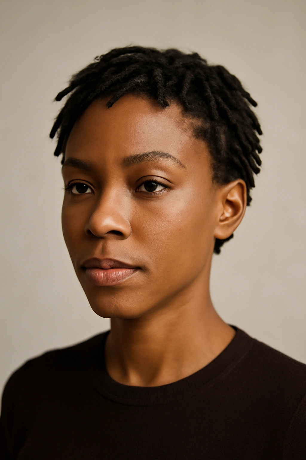 Portrait of a Black person with short locs showing structured texture