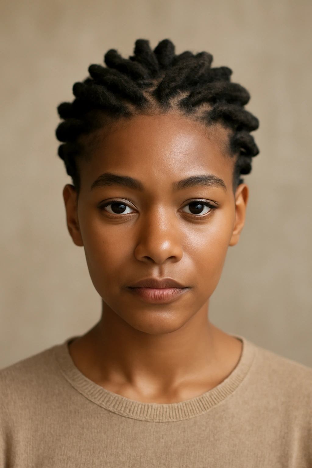 Portrait of a Black woman with short locs styled in a crown.