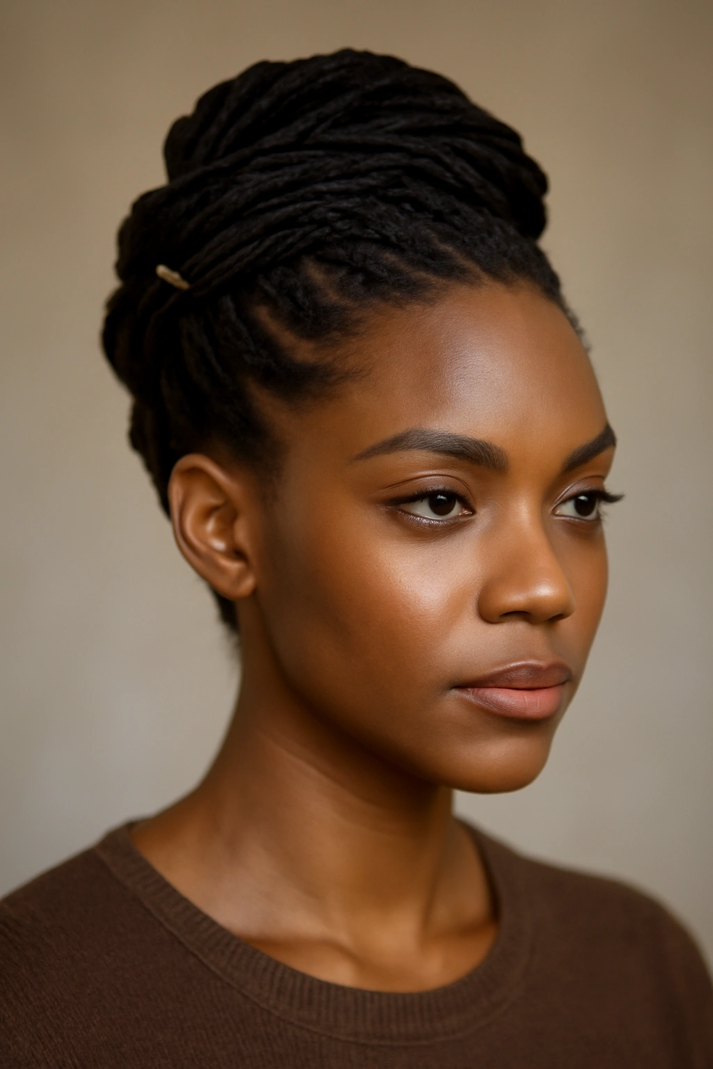 Close-up of short locs styled into a braided updo with bead accents