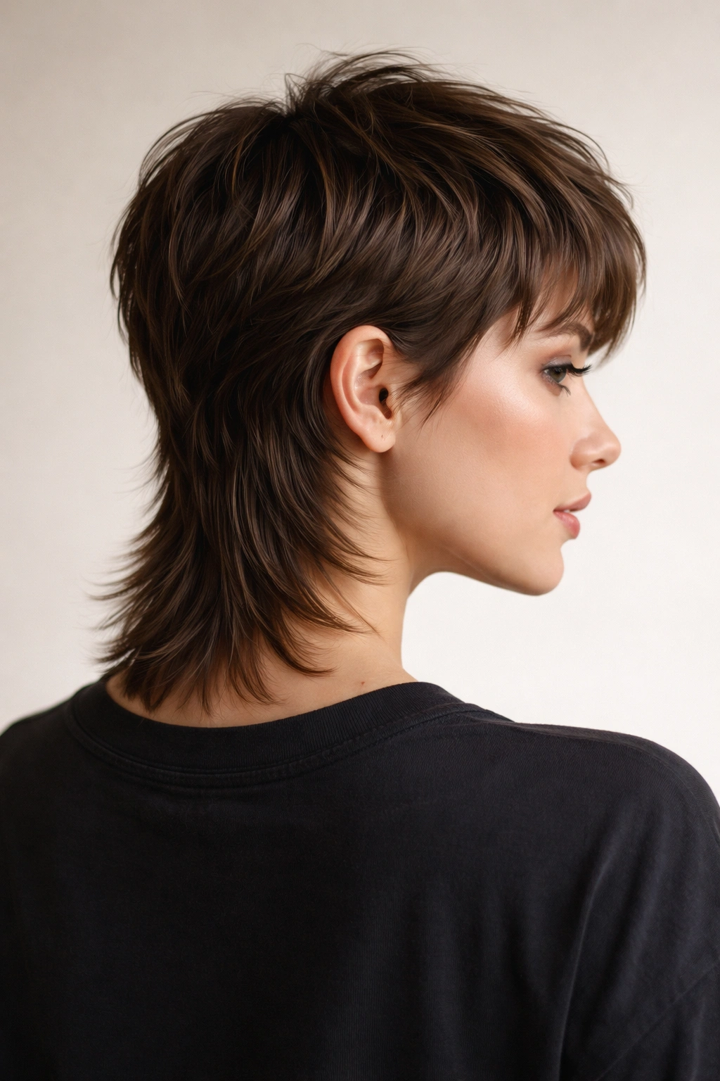 Close-up portrait of a short modern mullet with textured top and longer back in studio lighting.