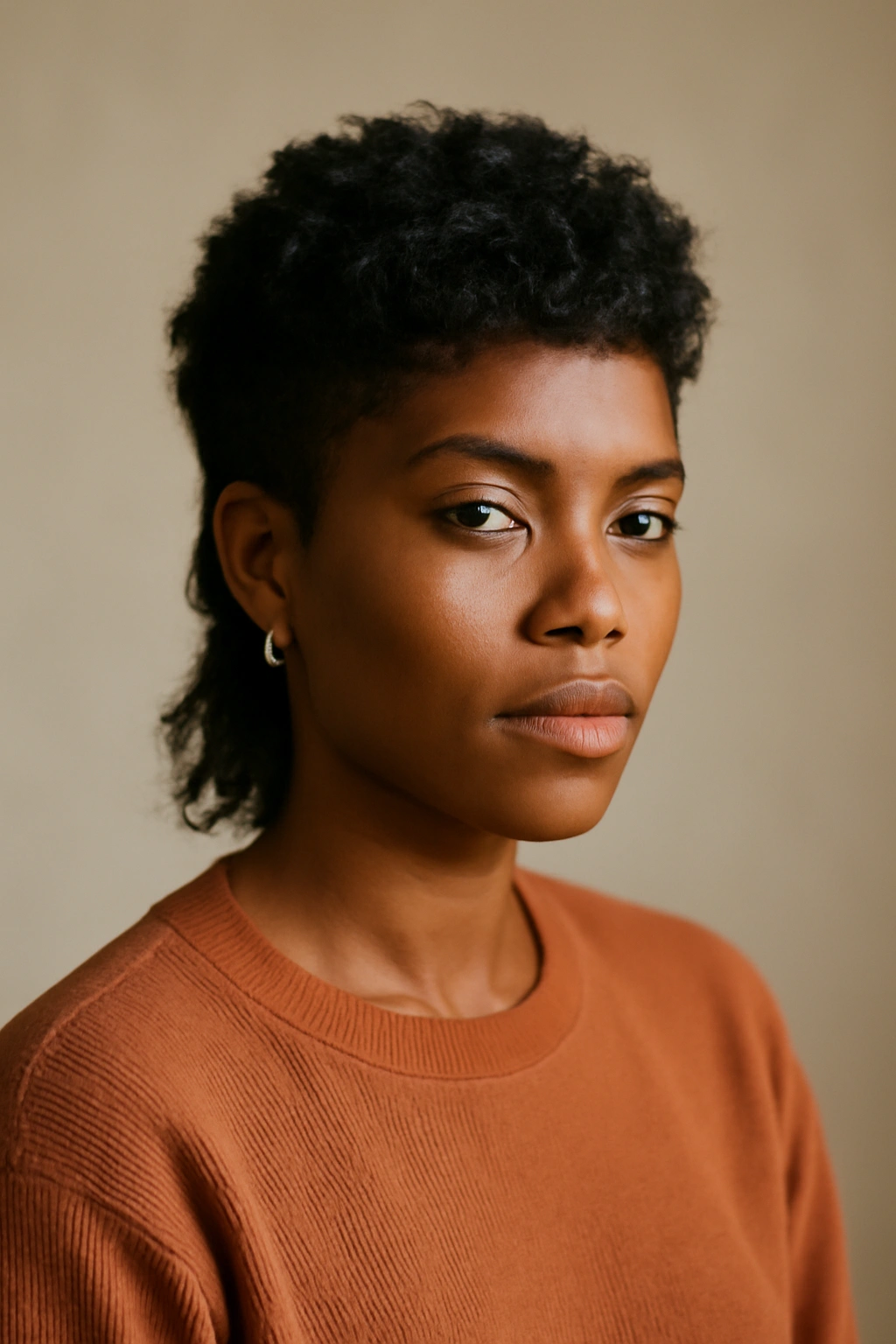 Portrait of a person with a short mullet, conveying confidence and versatility.