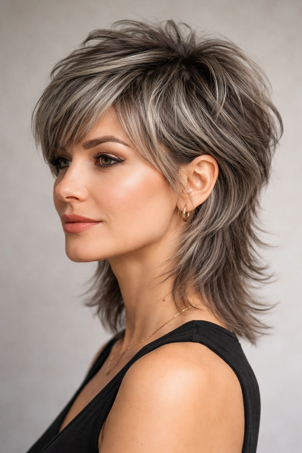 Short mullet with soft gray highlights along the layers for dimension.