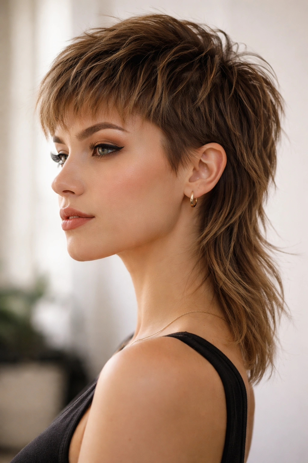 Portrait of a person with a short front and longer back mullet