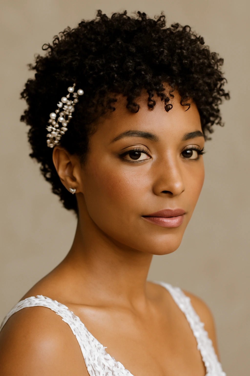 Short natural curls on bridal hairstyle with defined coils