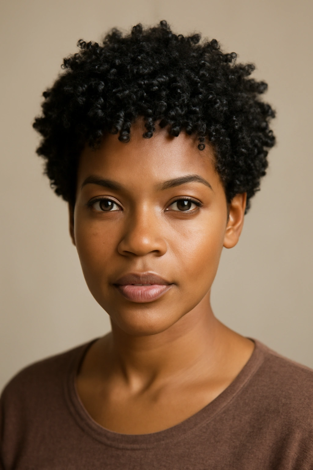 Short natural hairstyle with defined curls on Black woman