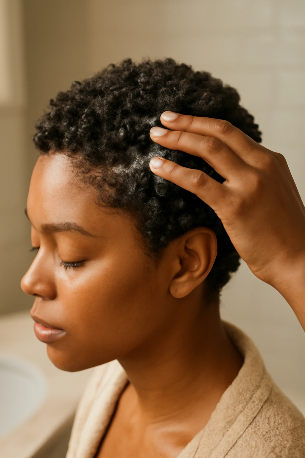 Hands applying leave-in conditioner to short curly hair