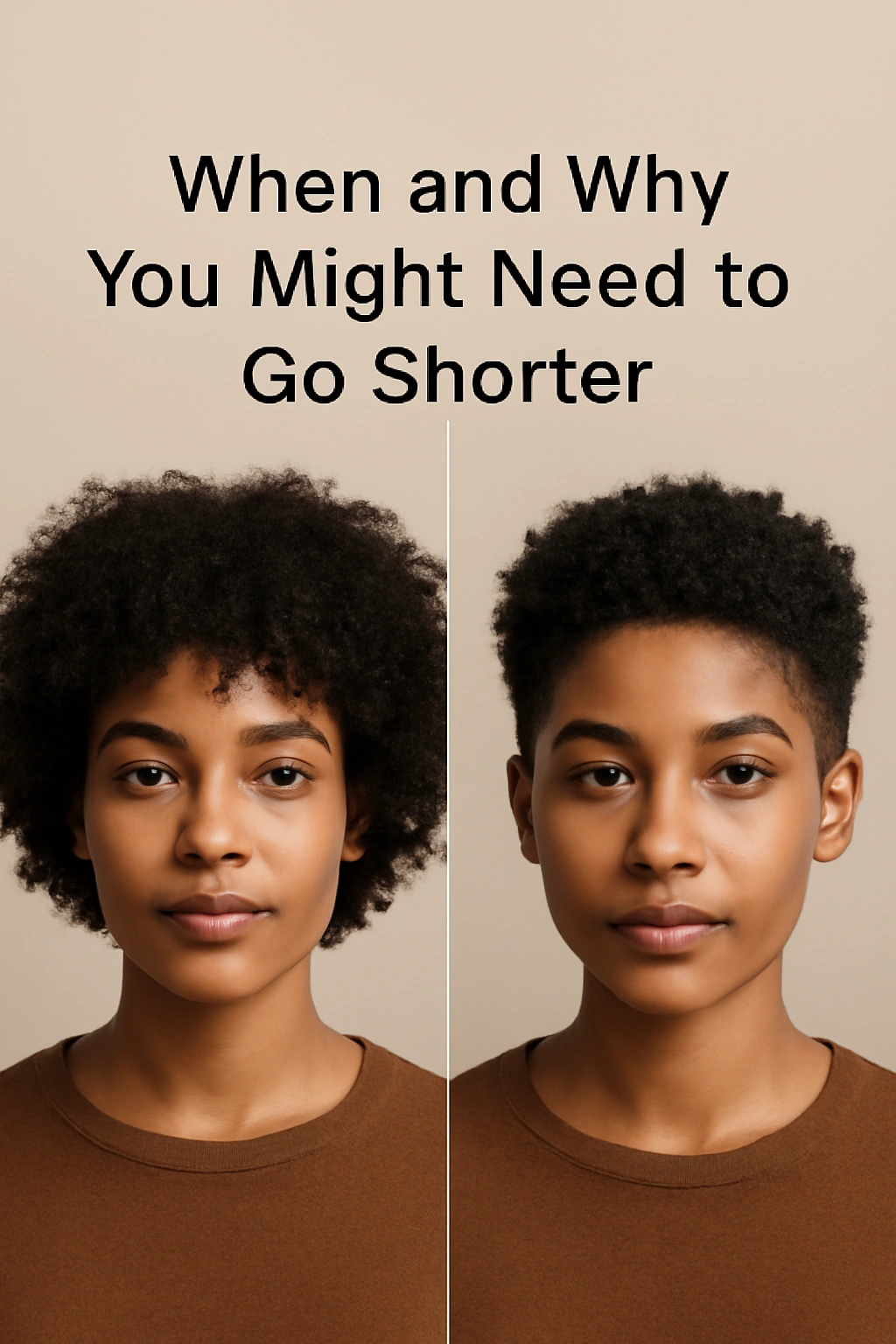 Side-by-side portrait showing evolving short natural hair lengths on coily texture