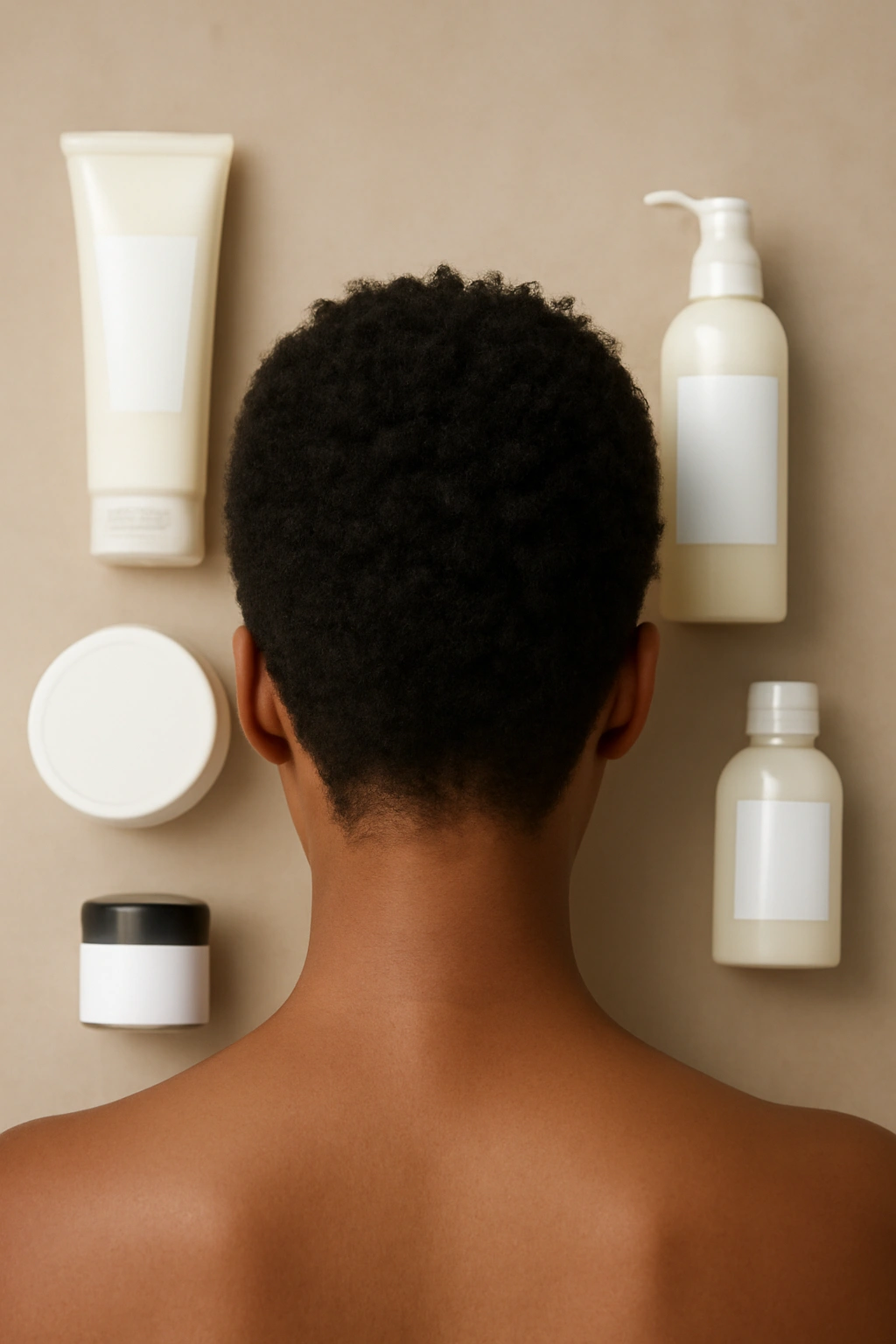 Flat lay of unlabeled hair care products around a short natural hairstyle