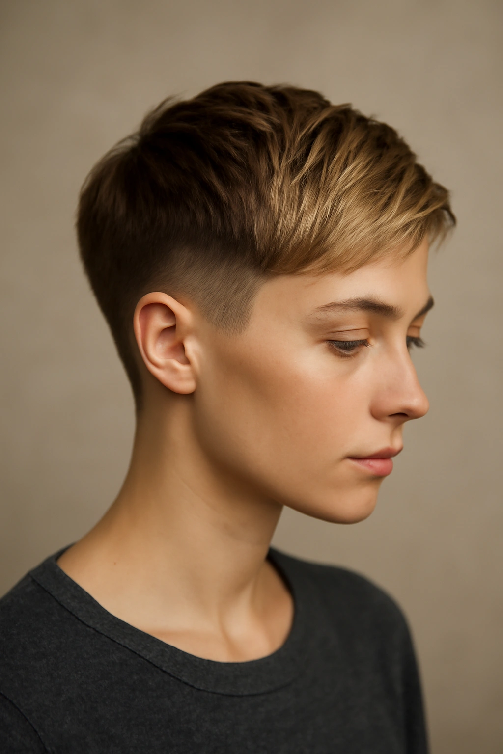 Close-up of a short ombre haircut with a seamless fade, highlighting color transition and hair texture