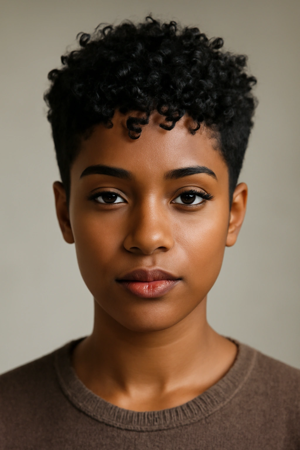 Curly pixie cut with defined curls on a Black woman.