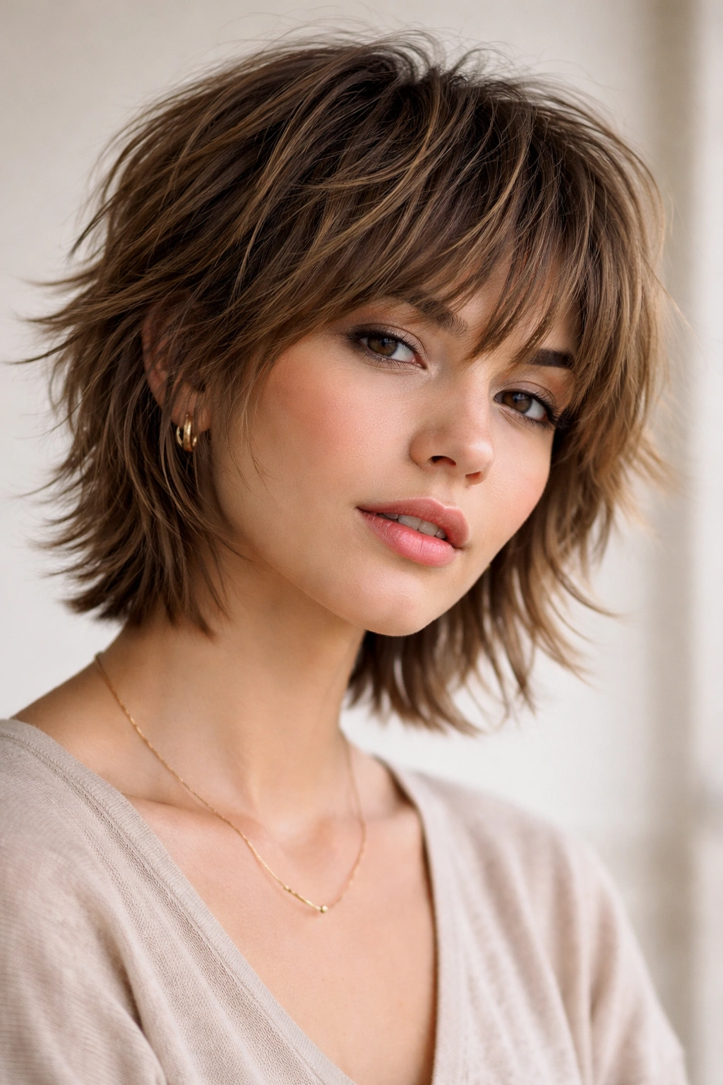 Portrait of a person with a short shag haircut featuring layered, tousled texture