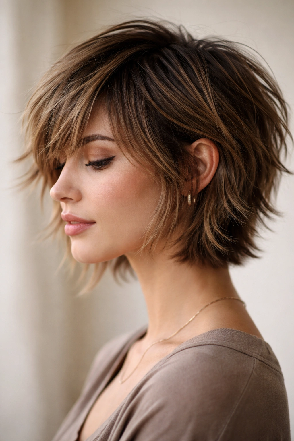 Close-up of a short shag haircut with side-swept bangs showing textured layers and movement