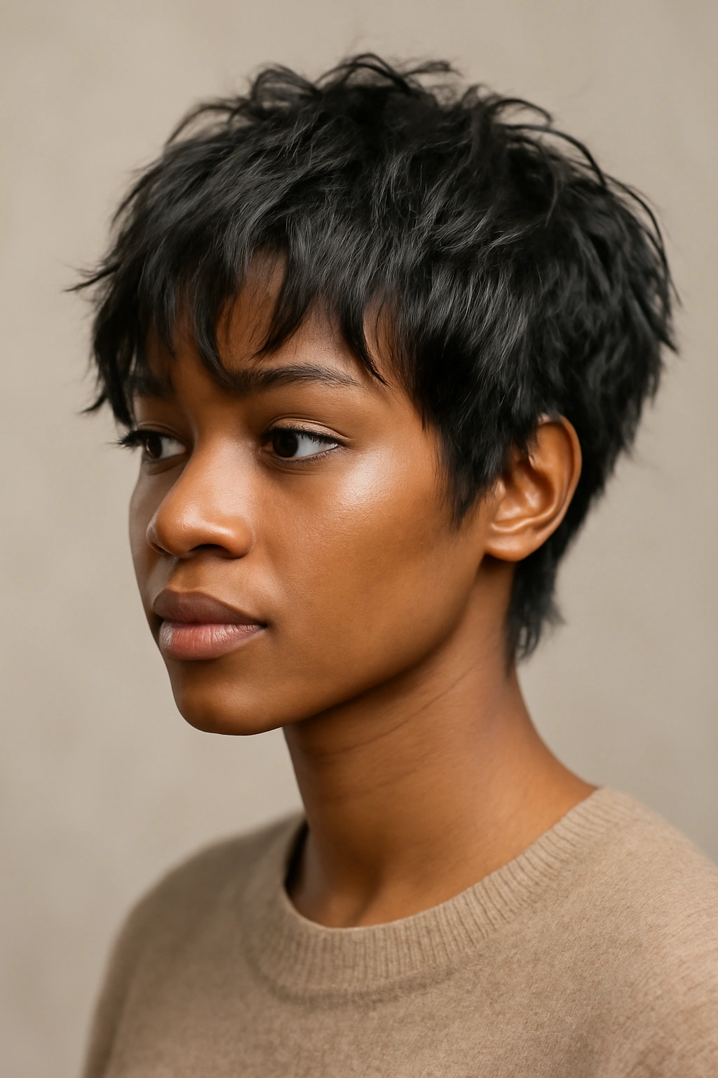 Close-up of a head with a short shag haircut showing textured layered waves on relaxed hair