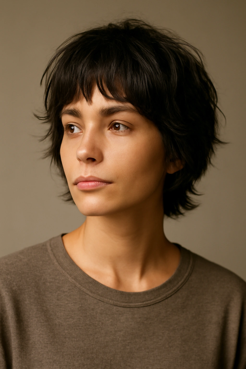 Contemplative portrait of a person with a short shag haircut