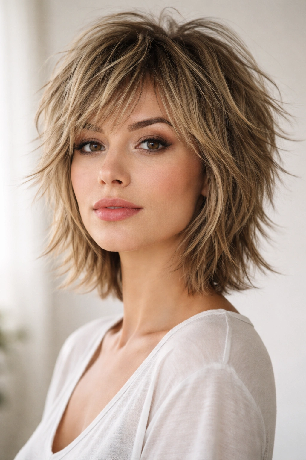 Short shag with tousled texture and crown lift