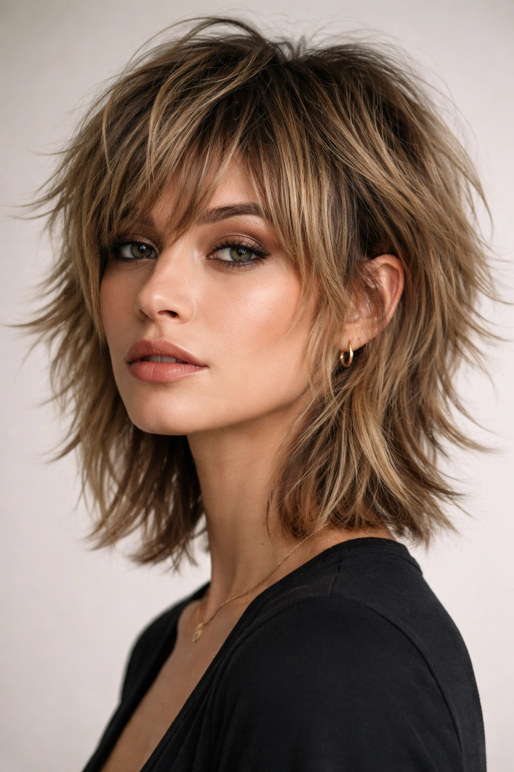 Close-up of a model wearing a short shag with dramatic layered texture.