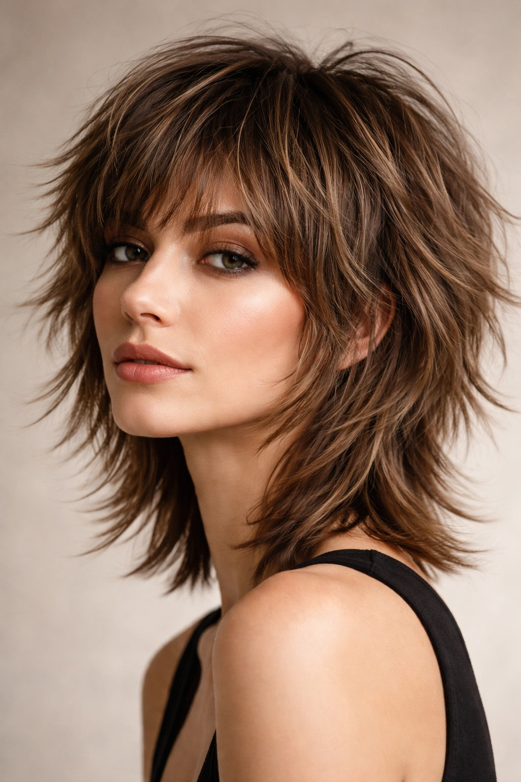Short shag hairstyle with heavy texture and layered ends