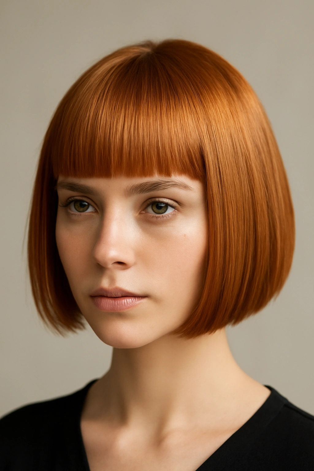 Short sleek bob with blunt bangs in strawberry blonde under bright studio light