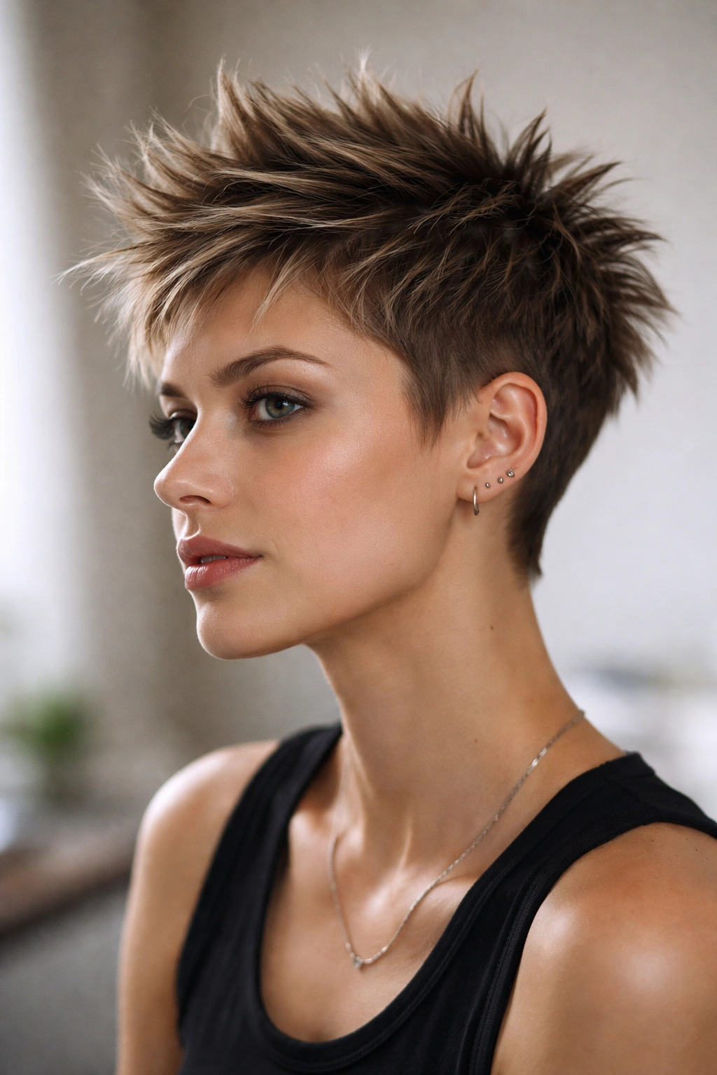 Short spiky cut with upward spikes highlighted by studio lighting