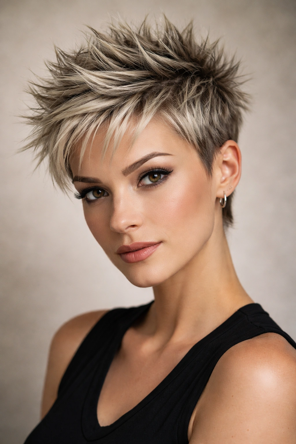 Close-up portrait of a person with a short spiky cut, choppy layers styled into points with strong-hold product in a studio setting