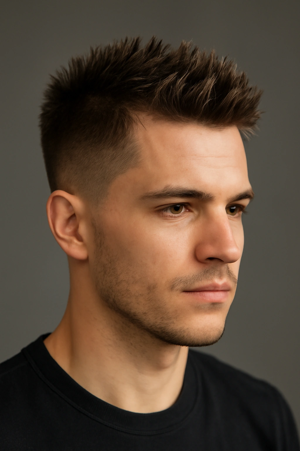 Close-up portrait of a man with short spikes on top and faded sides