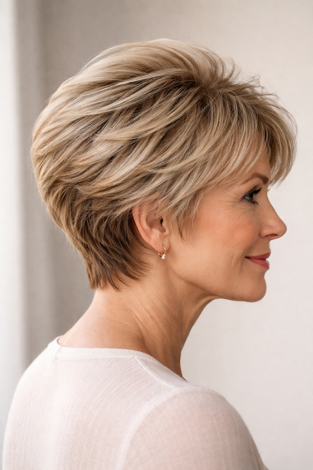 Side profile of a short stacked layer haircut showing volume.