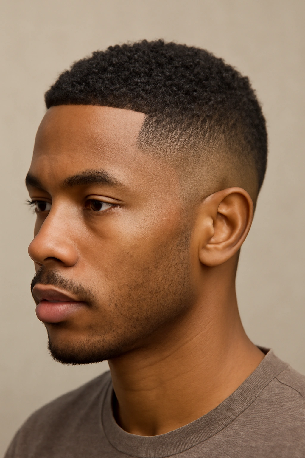 Portrait of a short textured fade with curved edges and textured top