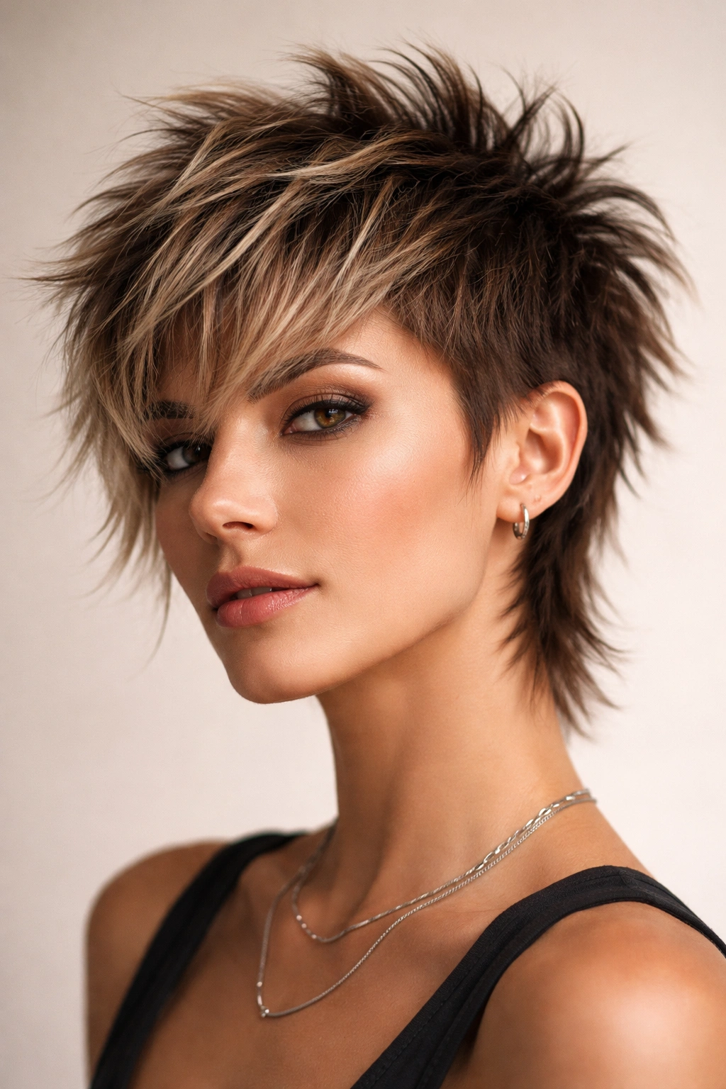 Close-up of a short textured shag with choppy sides and mohawk-inspired silhouette.