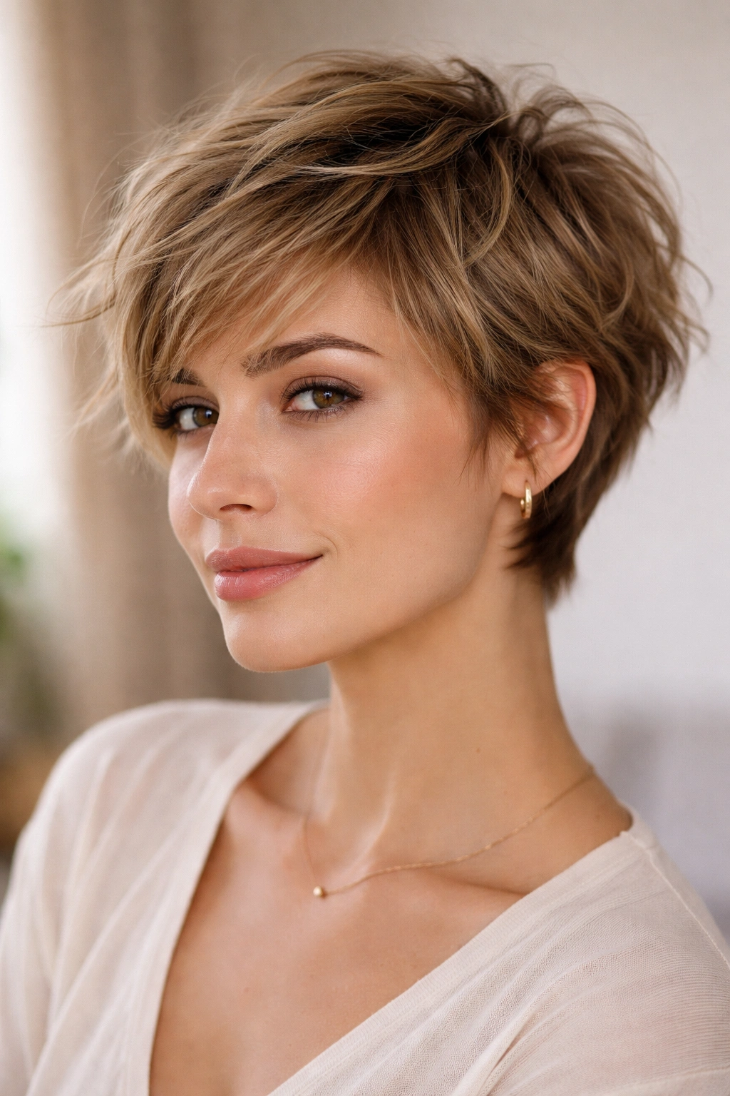 Short tousled haircut with textured layers and movement