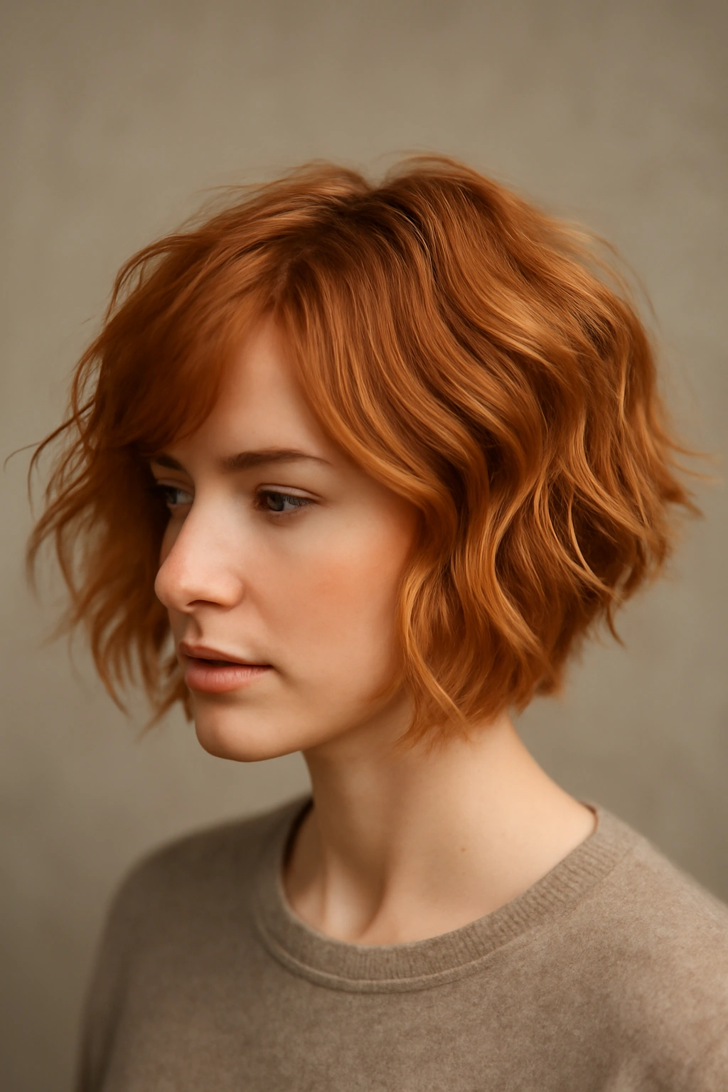 Short tousled waves in strawberry blonde with movement and texture