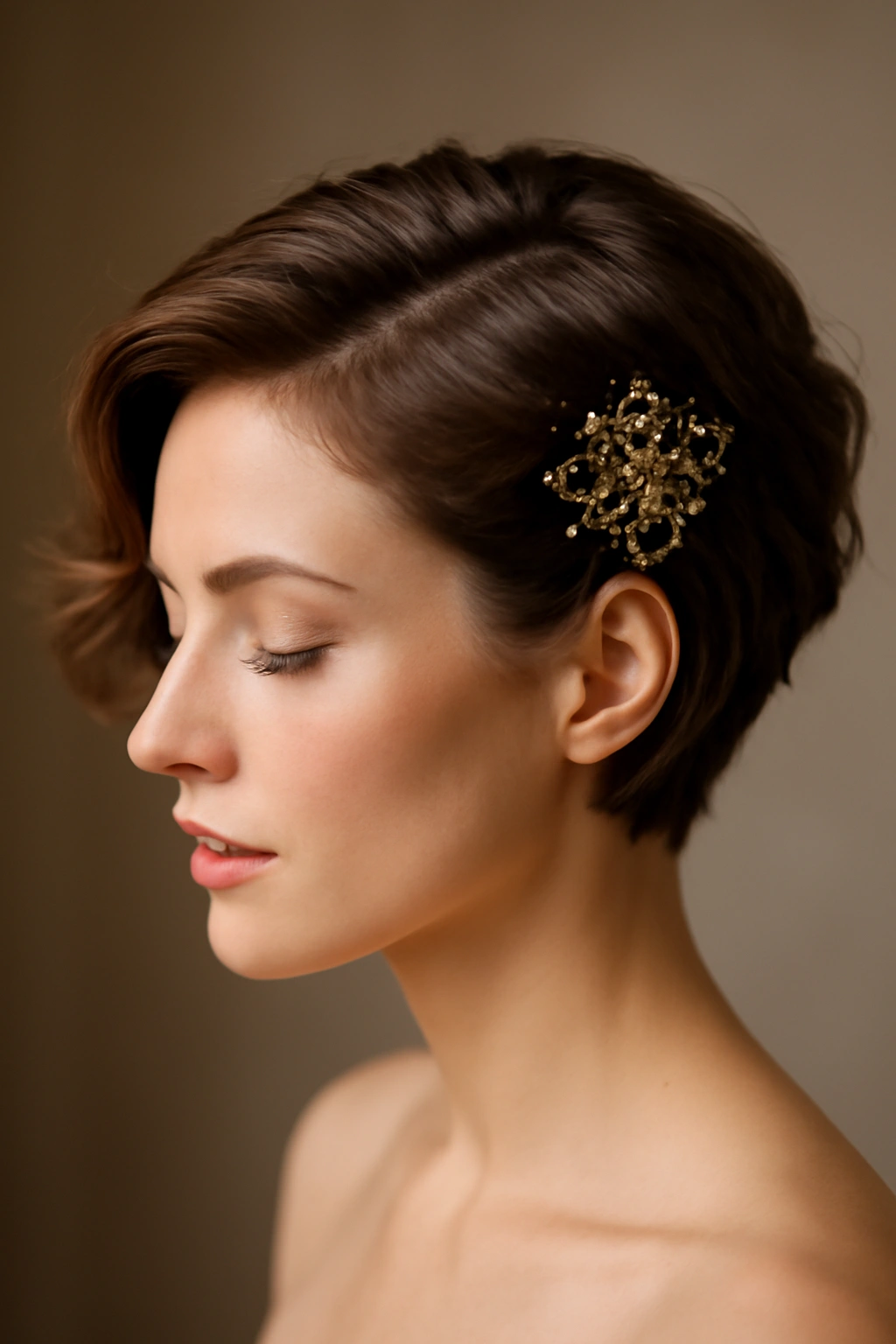 Side-swept short waves with a vintage hair comb for bridal look