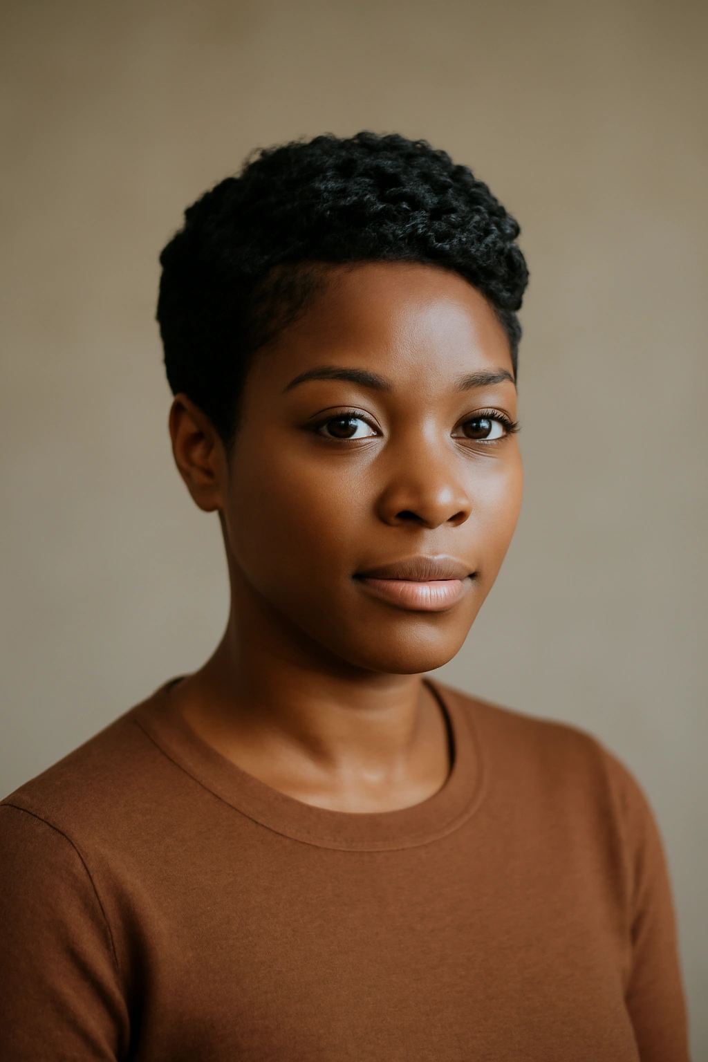Close-up portrait of a Black woman with a sleek short weave in a studio with warm lighting