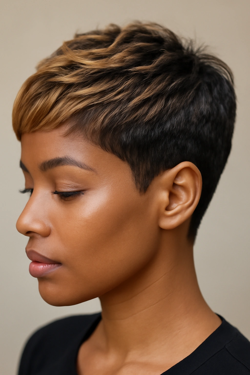 Close-up of a short weave with honey caramel balayage and color-blocked sides