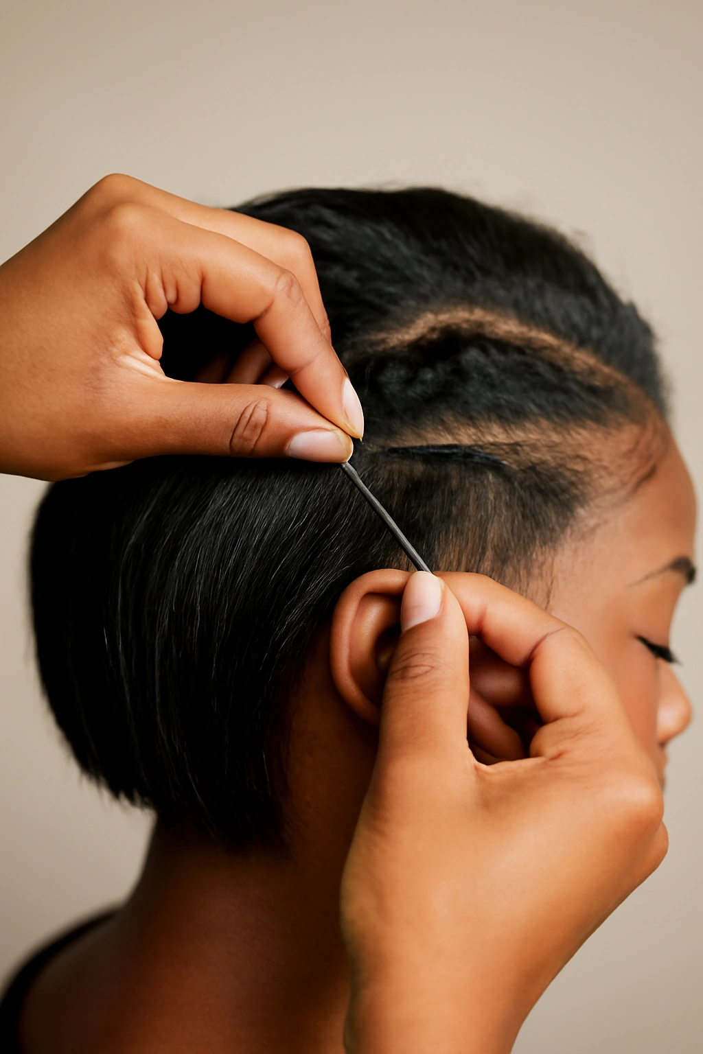 Close-up of stylist hands performing short weave installation with precise seaming