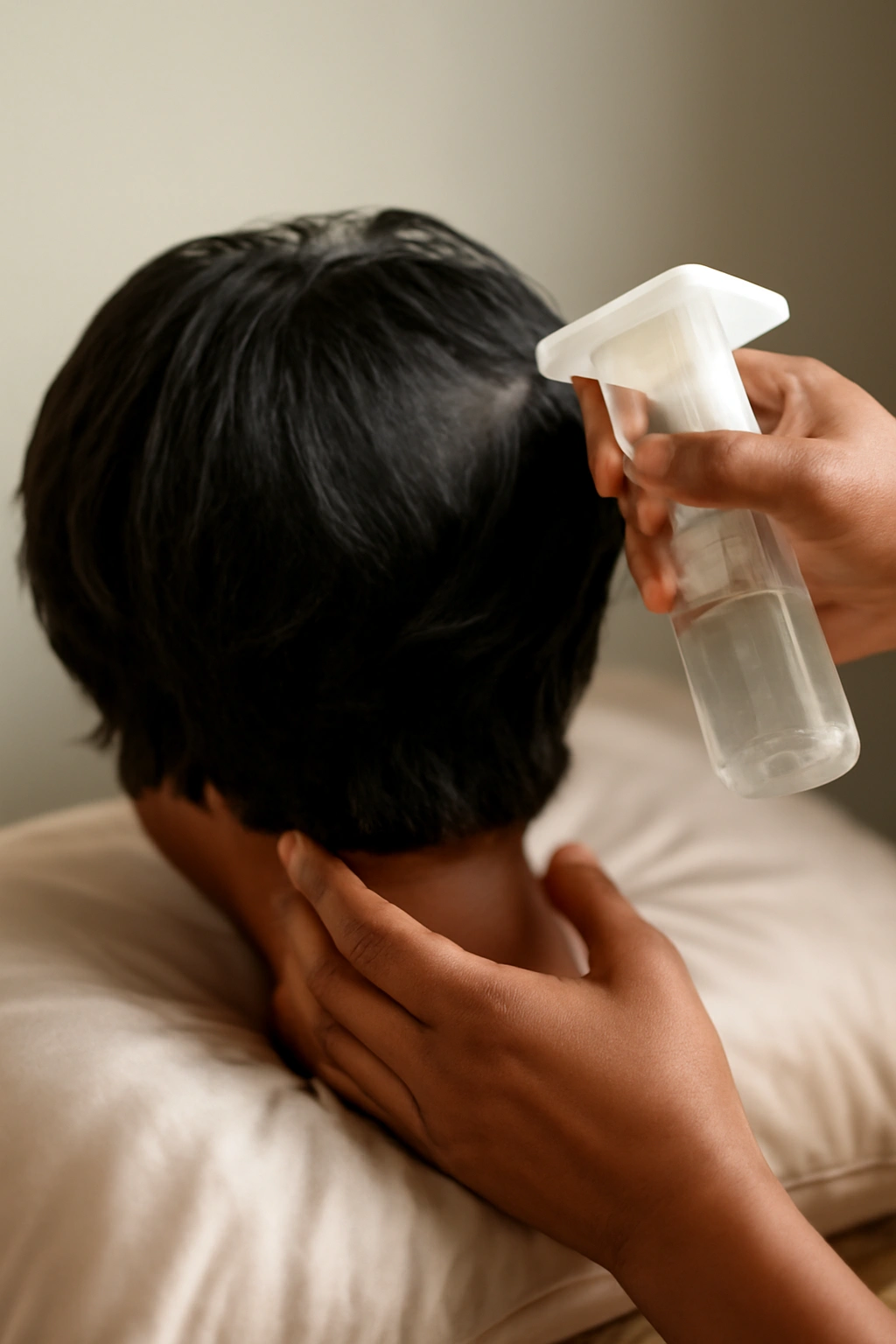 Hands applying hydrating mist to a short weave with satin pillow nearby