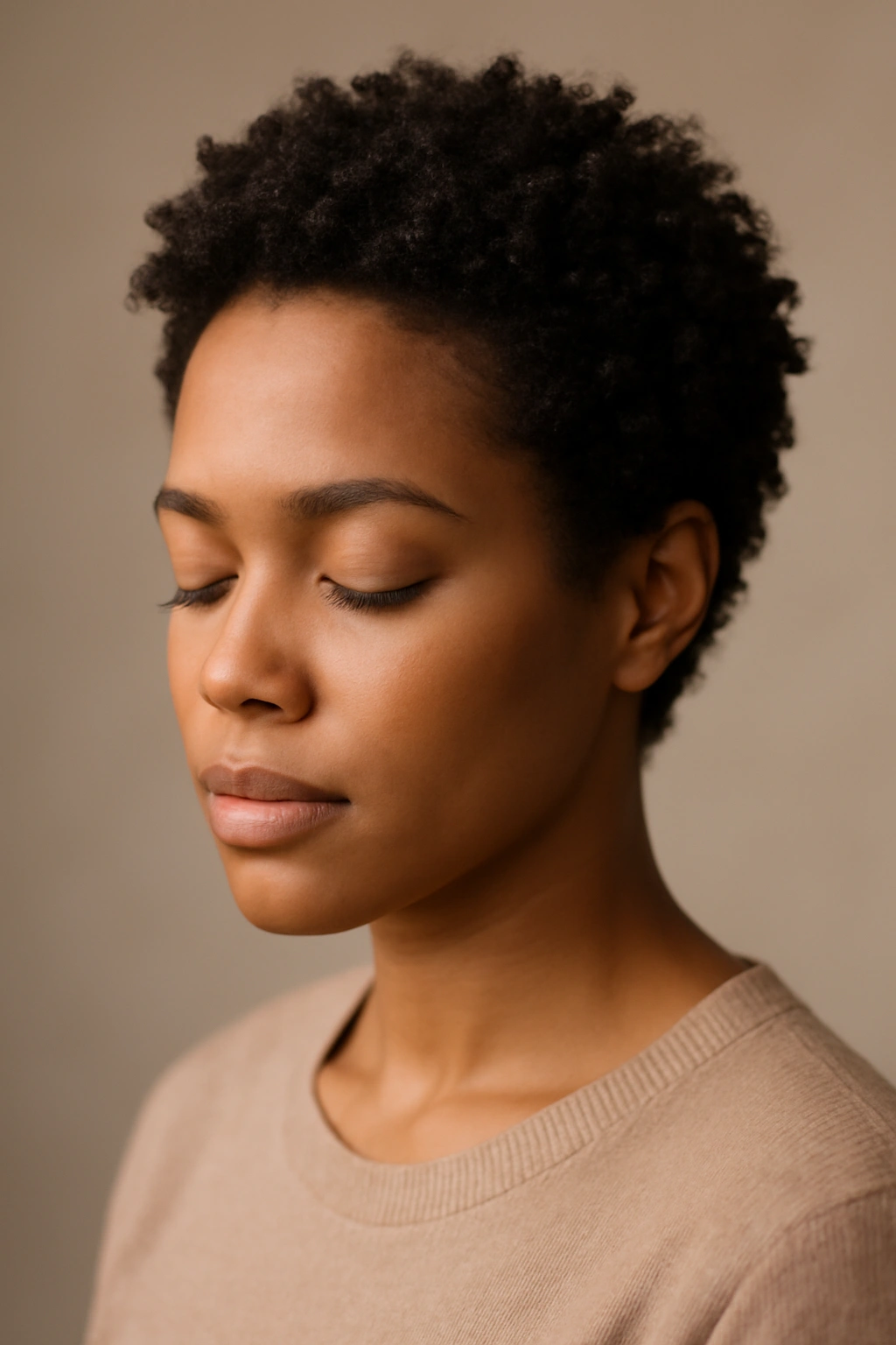 Portrait of a Black woman with short natural curls in a photorealistic studio setting