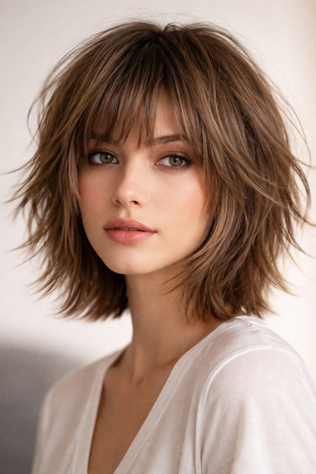 Chin-length shorter wolf cut with maximal texture