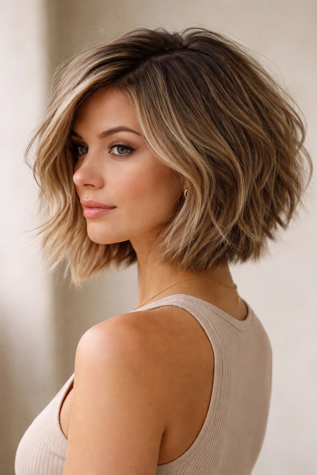 Model with shoulder-grazing textured stacked bob showing layered texture and volume