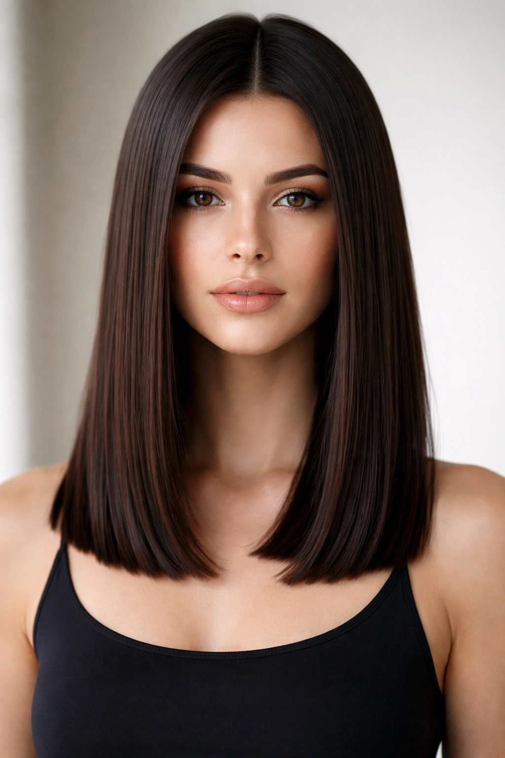 Portrait of straight shoulder-length blunt cut with a clean edge
