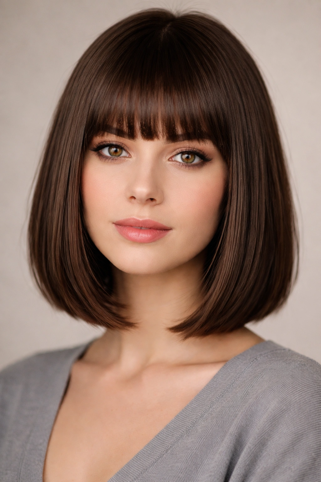 Model with shoulder-length bob and blunt bangs highlighting horizontal fringe