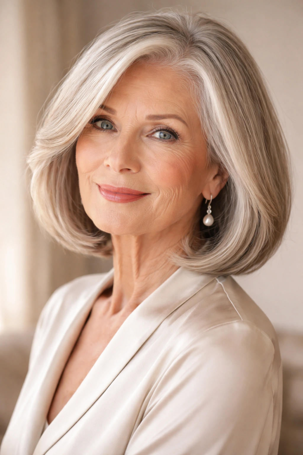 Older woman with shoulder-length bob hairstyle, polished and versatile