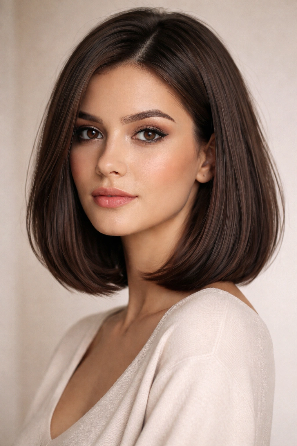 Close-up of a woman with a sleek shoulder-length bob, emphasizing face-framing length and shine